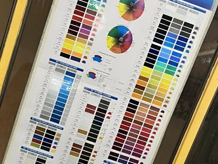 EasiCoat colour chart showing solid, silver, pearl and crystal pearl colours