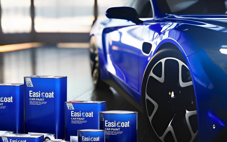 EasiCoat car paint tins lined up in front of a metallic blue sports car